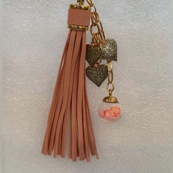 Blush Pink Tassel Keychain w/Glitter Hearts & Sprinkle Globe Charm -New -Unique - Picture 2 of 8